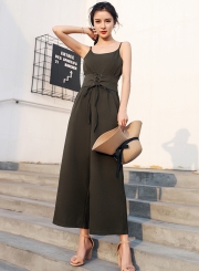 Fashion Summer Sleeveless Spaghetti Strap Lace-up Wide Leg Jumpsuits