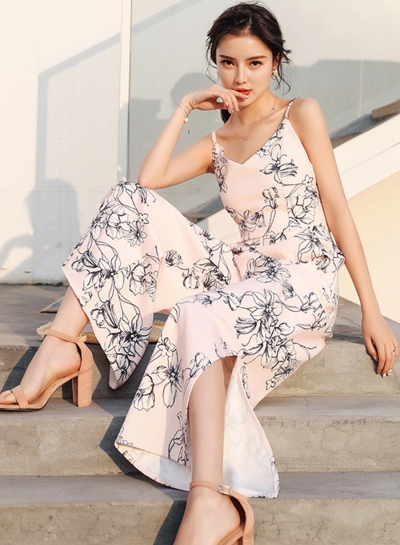 Fashion Floral Printed Sleeveless Strap Slit Wide Leg Jumpsuits LEXELFASHIONINTSHOPS.com