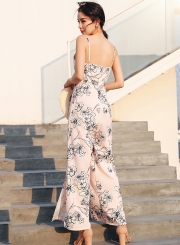 Fashion Floral Printed Sleeveless Strap Slit Wide Leg Jumpsuits