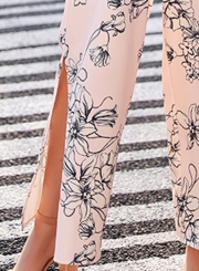 Fashion Floral Printed Sleeveless Strap Slit Wide Leg Jumpsuits