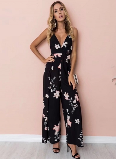 Fashion Floral Printed Spaghetti Strap Backless V Neck Jumpsuits