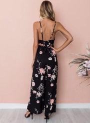 Fashion Floral Printed Spaghetti Strap Backless V Neck Jumpsuits