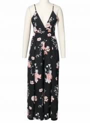 Fashion Floral Printed Spaghetti Strap Backless V Neck Jumpsuits