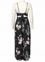 Fashion Floral Printed Spaghetti Strap Backless V Neck Jumpsuits
