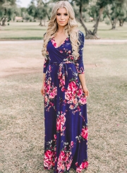 Fashion Floral Printed Long Sleeve Tie Waist V Neck Maxi Dress