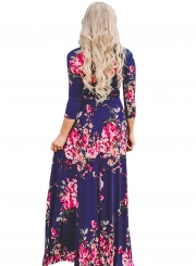 Fashion Floral Printed Long Sleeve Tie Waist V Neck Maxi Dress