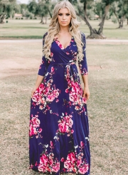 Fashion Floral Printed Long Sleeve Tie Waist V Neck Maxi Dress