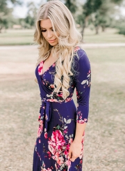 Fashion Floral Printed Long Sleeve Tie Waist V Neck Maxi Dress