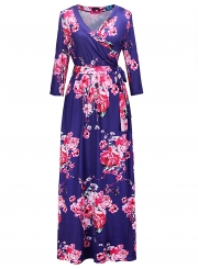 Fashion Floral Printed Long Sleeve Tie Waist V Neck Maxi Dress