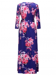 Fashion Floral Printed Long Sleeve Tie Waist V Neck Maxi Dress