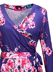 Fashion Floral Printed Long Sleeve Tie Waist V Neck Maxi Dress