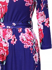 Fashion Floral Printed Long Sleeve Tie Waist V Neck Maxi Dress