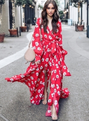 Fashion Floral Printed Long Sleeve Lace-up V Neck Maxi Dress