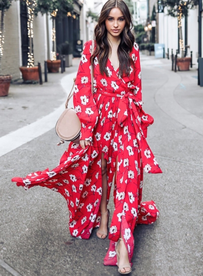 Fashion Floral Printed Long Sleeve Lace-up V Neck Maxi Dress LEXELFASHIONINTSHOPS.com