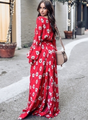 Fashion Floral Printed Long Sleeve Lace-up V Neck Maxi Dress