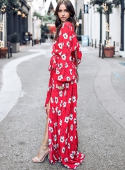 Fashion Floral Printed Long Sleeve Lace-up V Neck Maxi Dress