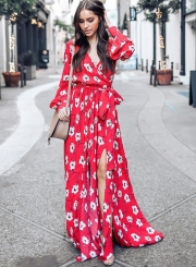 Fashion Floral Printed Long Sleeve Lace-up V Neck Maxi Dress