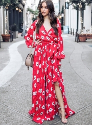 Fashion Floral Printed Long Sleeve Lace-up V Neck Maxi Dress