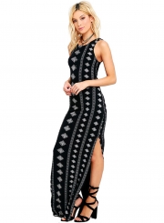 Fashion Sexy Striped Argyle Sleeveless Round Neck Slim Women Maxi Dress