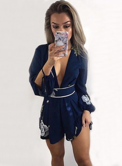 Fashion Sexy Floral Printed Long Sleeve Lace-up V Neck Jumpsuits