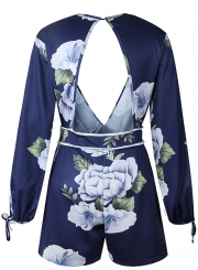 Fashion Sexy Floral Printed Long Sleeve Lace-up V Neck Jumpsuits