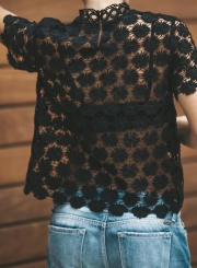 Fashion Solid Short Sleeve Floral lace Hollowed Out Tee Shirt