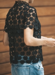 Fashion Solid Short Sleeve Floral lace Hollowed Out Tee Shirt