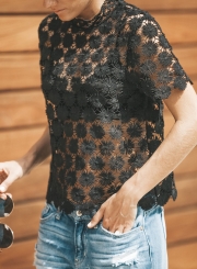 Fashion Solid Short Sleeve Floral lace Hollowed Out Tee Shirt