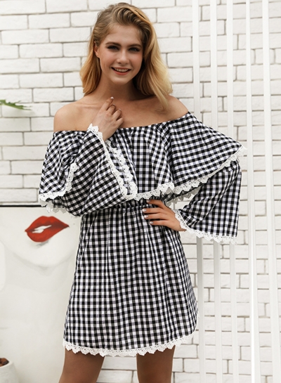 Fashion Sexy Check Long Flare Sleeve Off The Shoulder Women Dress