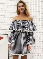 Fashion Sexy Check Long Flare Sleeve Off The Shoulder Women Dress