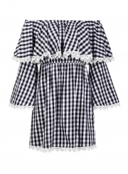 Fashion Sexy Check Long Flare Sleeve Off The Shoulder Women Dress