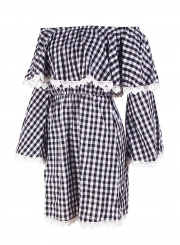 Fashion Sexy Check Long Flare Sleeve Off The Shoulder Women Dress