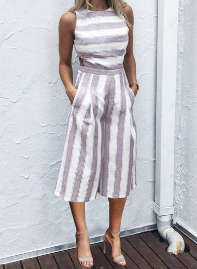 Fashion Casual Striped Sleeveless Straight Wide Leg Jumpsuits YOUYOUFASHIONEC.com