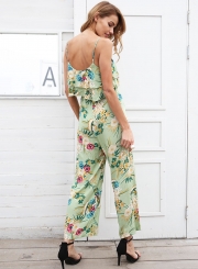 Fashion Sexy Strap Floral Printed Tie Waist Wide Leg Women Jumpsuits