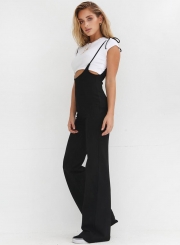 Fashion Solid Black Slim Lace-up High Waist Wide Leg Women Pants