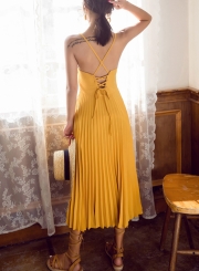 Summer Beach Solid Chiffon Spaghetti Strap Square Neck Women Pleated Dress