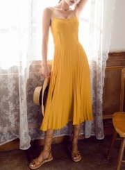 Summer Beach Solid Chiffon Spaghetti Strap Square Neck Women Pleated Dress