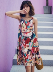 Ethnic Beach Floral Printed Spaghetti Strap Round Neck Women Loose Dress