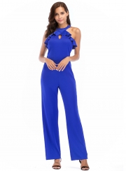 Solid Halter Off The Shoulder Flounce Slim Straight Jumpsuits With Zip