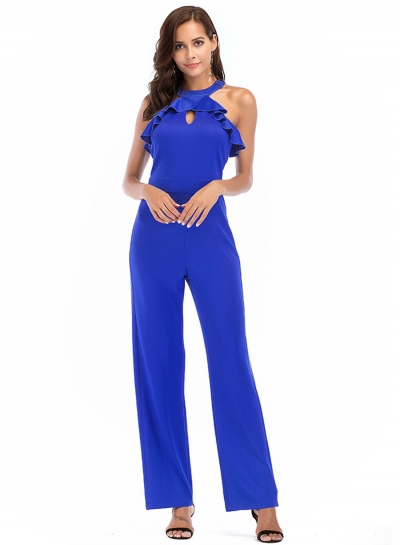 Solid Halter Off The Shoulder Flounce Slim Straight Jumpsuits With Zip