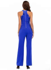 Solid Halter Off The Shoulder Flounce Slim Straight Jumpsuits With Zip