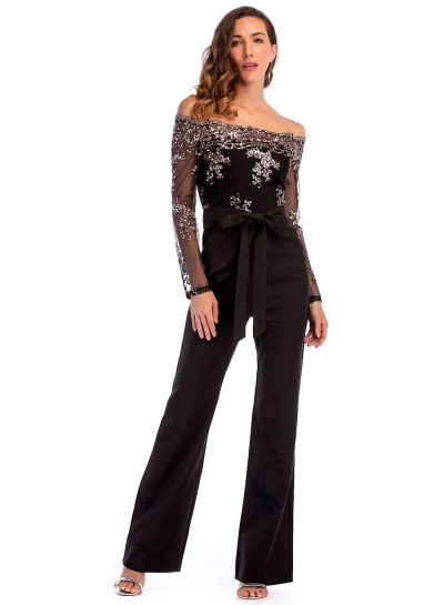 Lace Embroidery Long Sleeve Off The Shoulder Straight Jumpsuits With Bow LEXELFASHIONINTSHOPS.com