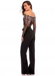 Lace Embroidery Long Sleeve Off The Shoulder Straight Jumpsuits With Bow