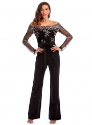 Lace Embroidery Long Sleeve Off The Shoulder Straight Jumpsuits With Bow