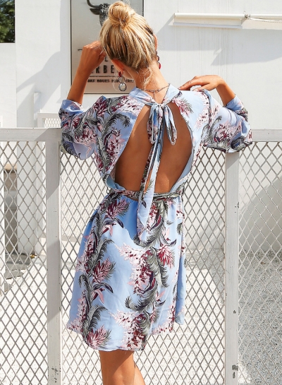 Fashion Floral Printed Long Flare Sleeve Lace-up Backless Women Midi Dress