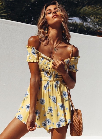 Floral Printed Short Sleeve Off The Shoulder Backless Women Jumpsuits YOUYOUFASHIONEC.com