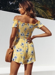 Floral Printed Short Sleeve Off The Shoulder Backless Women Jumpsuits