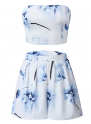 Fashion Floral Printed Off The Shoulder Top With Straight Shorts