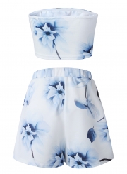 Fashion Floral Printed Off The Shoulder Top With Straight Shorts