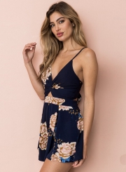 Floral printed Spaghetti Strap Sleeveless Backless V Neck Women Jumpsuits